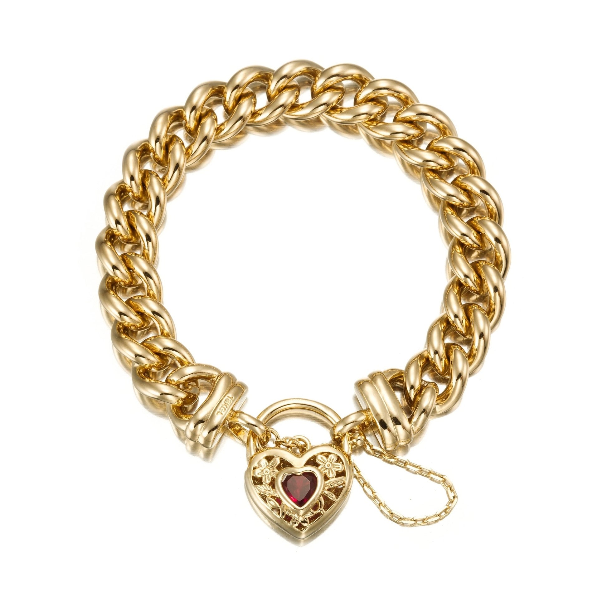 18ct Heavy Yellow Gold Plated 12mm Euro Curb Chain Bracelet with a Filigree Locket Featuring a Simulated Ruby - USA Made - Brands N More
