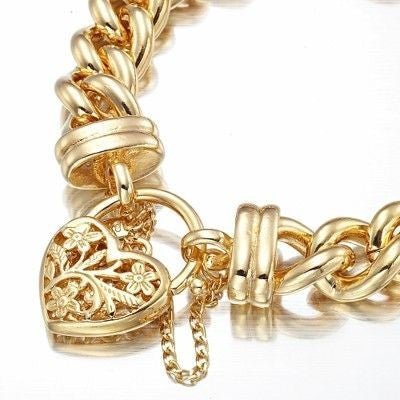 18ct Heavy Yellow Gold Plated 12mm Euro Curb Chain Bracelet with a Filigree Locket - USA Made - Brands N More
