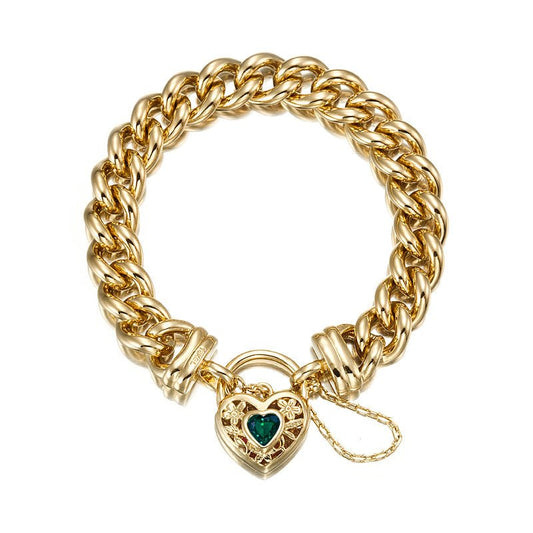 18ct Heavy Yellow Gold Plated 12mm Euro Curb Chain Bracelet with a Green Filigree Locket - USA Made - Brands N More