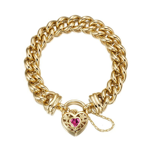 18ct Heavy Yellow Gold Plated 12mm Euro Curb Chain Bracelet with a Pink Filigree Locket - USA Made - Brands N More