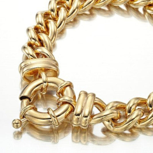 18ct Heavy Yellow Gold Plated 12mm Euro Curb Chain Bracelet with Bolt Clasp - USA Made - Brands N More