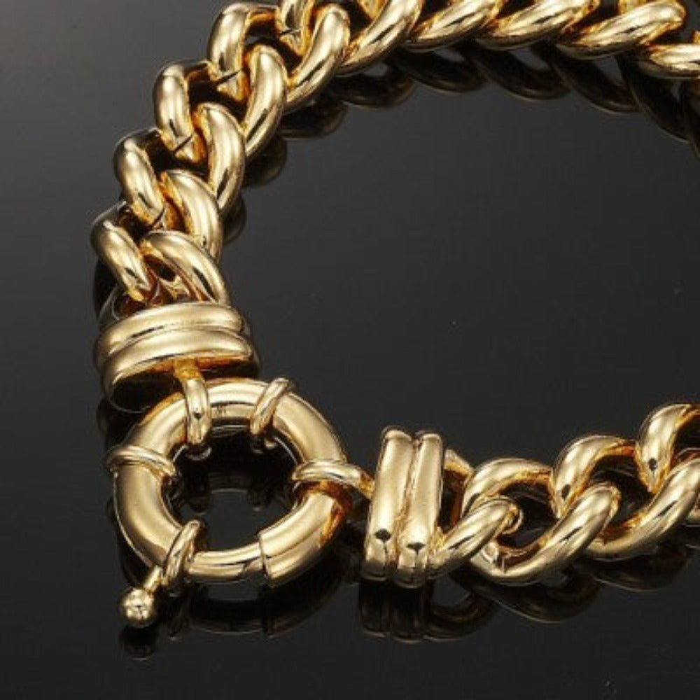 18ct Heavy Yellow Gold Plated 12mm Euro Curb Chain Bracelet with Bolt Clasp - USA Made - Brands N More