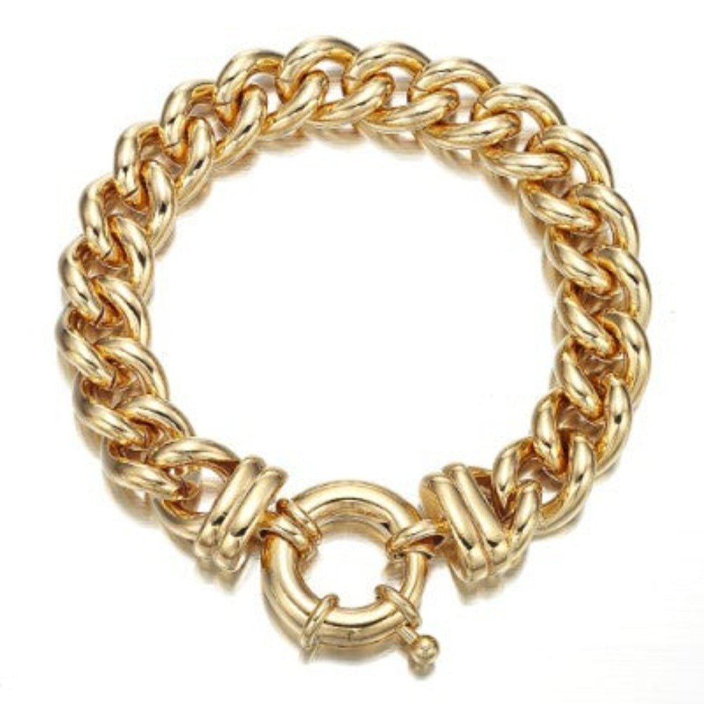 18ct Heavy Yellow Gold Plated 12mm Euro Curb Chain Bracelet with Bolt Clasp - USA Made - Brands N More