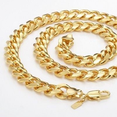 18ct Heavy Yellow Gold Plated 9mm Curb Chain Necklace with Lobster Clasp - USA Made - Brands N More