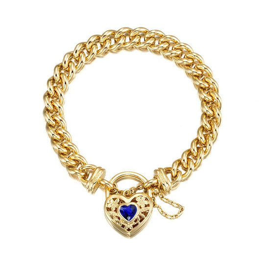 18ct Heavy Yellow Gold Plated Euro Chain Bracelet with a Dark Blue Filigree Locket - USA Made - Brands N More