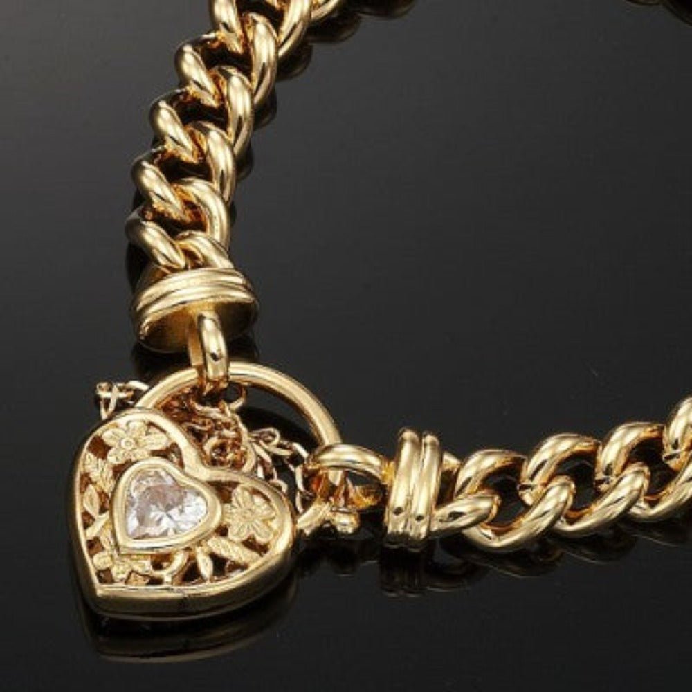 18ct Heavy Yellow Gold Plated Euro Chain Bracelet with a Filigree Locket Featuring a Simulated Diamond - USA Made - Brands N More