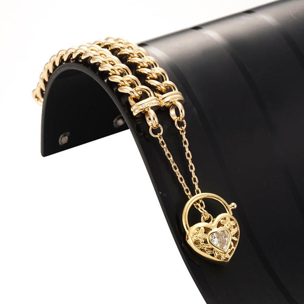 18ct Heavy Yellow Gold Plated Euro Chain Bracelet with a Filigree Locket Featuring a Simulated Diamond - USA Made - Brands N More