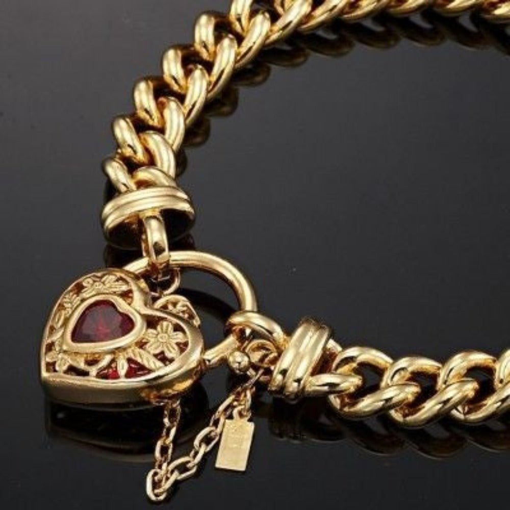 18ct Heavy Yellow Gold Plated Euro Chain Bracelet with a Filigree Locket Featuring a Simulated Ruby - USA Made - Brands N More