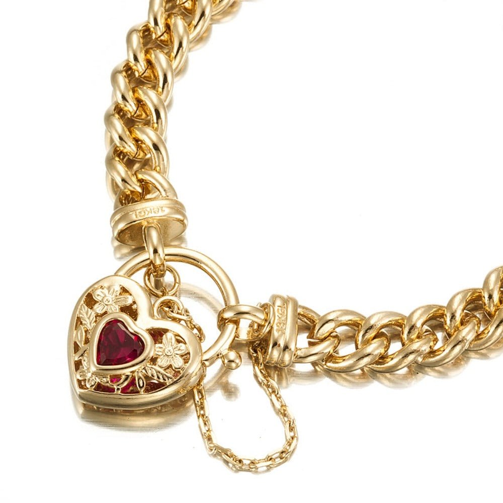 18ct Heavy Yellow Gold Plated Euro Chain Bracelet with a Filigree Locket Featuring a Simulated Ruby - USA Made - Brands N More