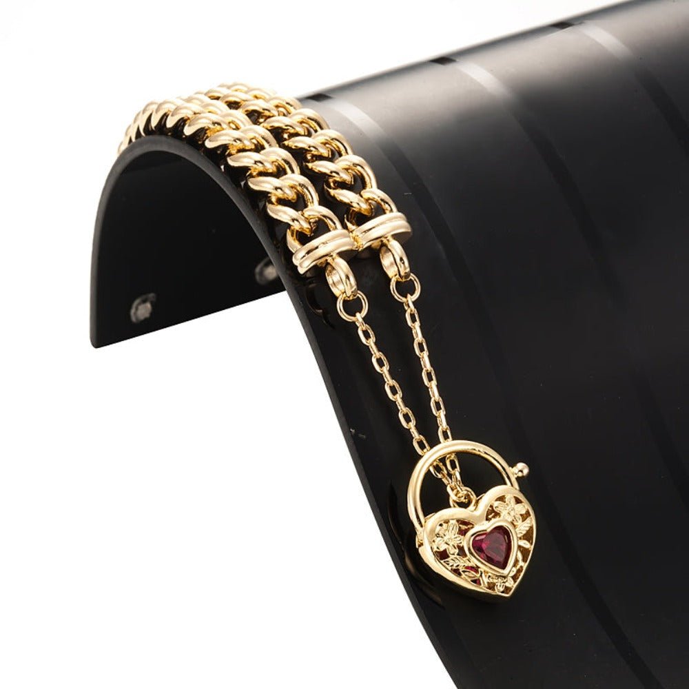 18ct Heavy Yellow Gold Plated Euro Chain Bracelet with a Filigree Locket Featuring a Simulated Ruby - USA Made - Brands N More