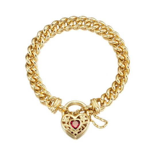 18ct Heavy Yellow Gold Plated Euro Chain Bracelet with a Filigree Locket Featuring a Simulated Ruby - USA Made - Brands N More