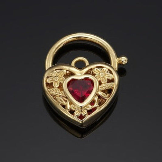 18ct Heavy Yellow Gold Plated Simulated Ruby Filigree Heart Locket - USA Made - Brands N More