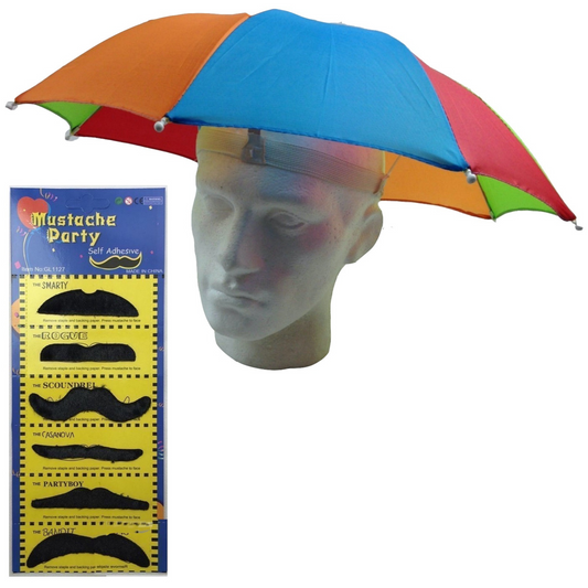 2-pc-Set Rainbow Umbrella Hat + 70s Fake Moustache Costume Props Novelty Fancy - Occasions > Costumes & Accessories