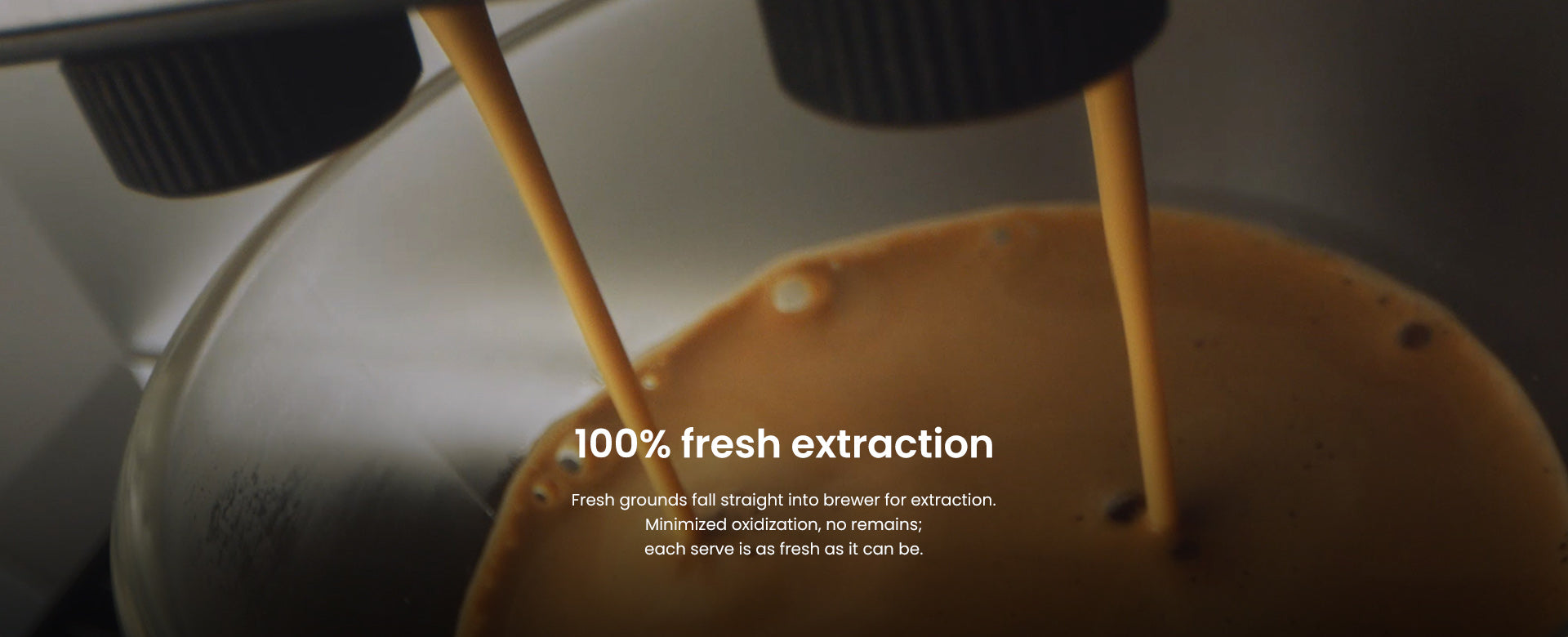 Coffee being poured into a container with text about fresh extraction.