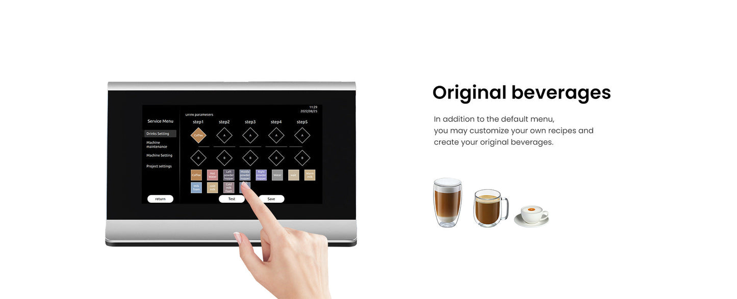 Touchscreen interface for beverage selection with hand pointing at options, accompanied by images of coffee cups.
