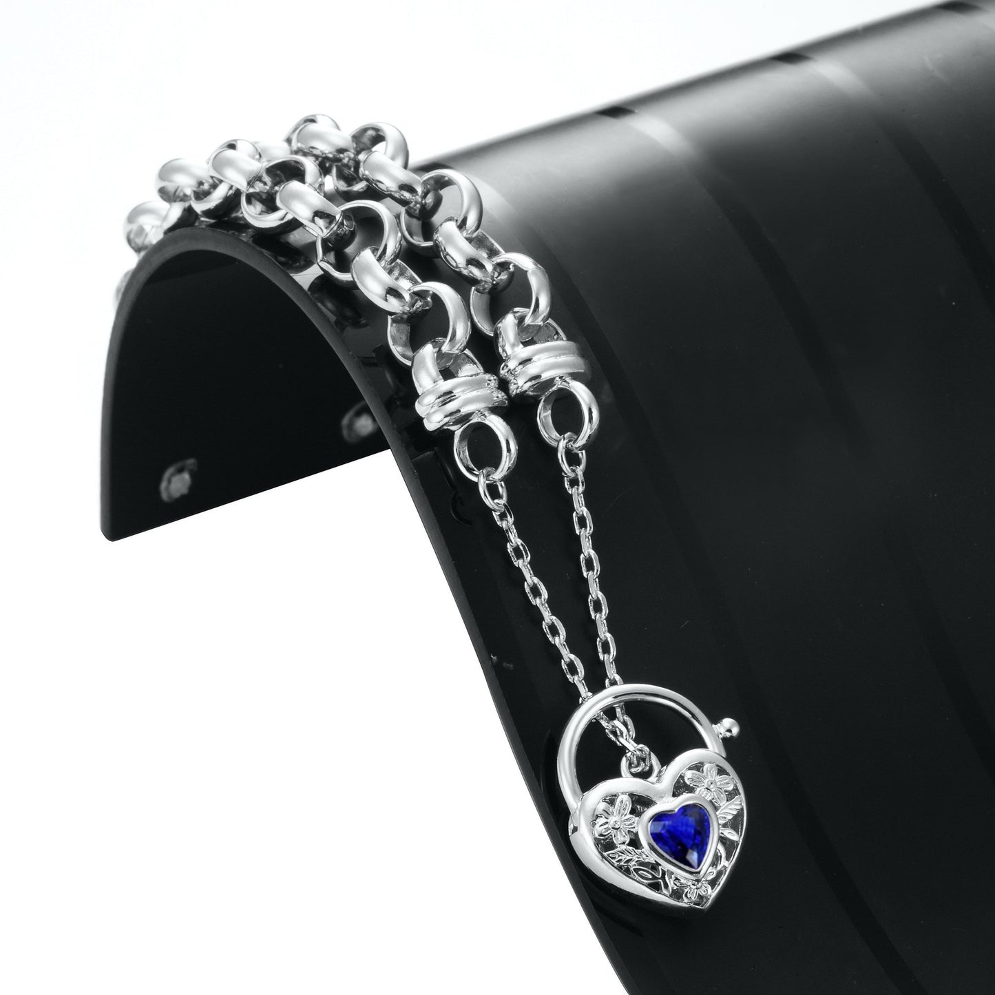925 Sterling Silver Plated 10mm Belcher Chain Bracelet with a Dark Blue Filigree Locket - USA Made - Brands N More