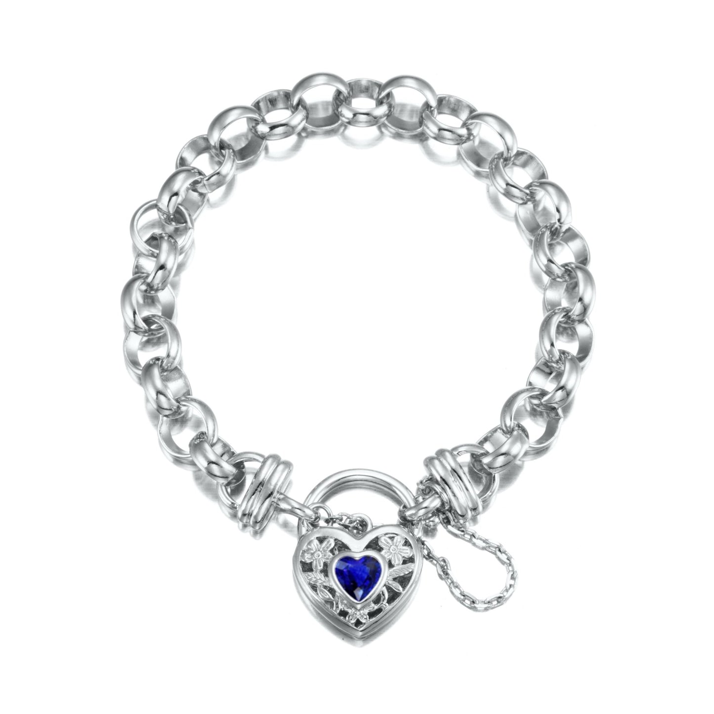 925 Sterling Silver Plated 10mm Belcher Chain Bracelet with a Dark Blue Filigree Locket - USA Made - Brands N More