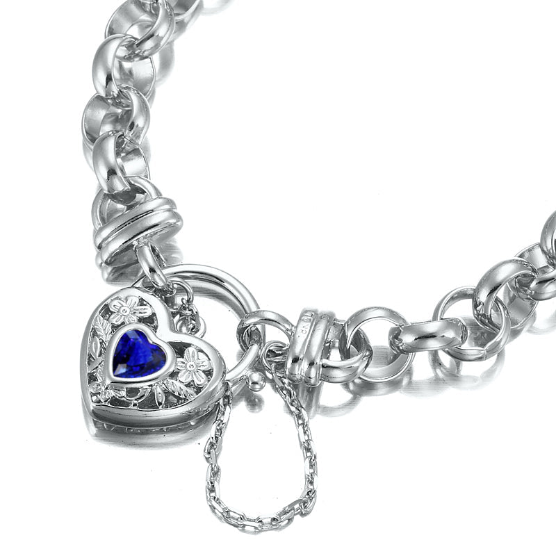 925 Sterling Silver Plated 10mm Belcher Chain Bracelet with a Dark Blue Filigree Locket - USA Made - Brands N More