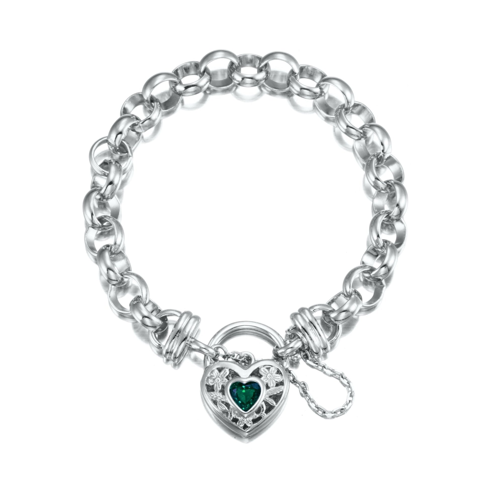 925 Sterling Silver Plated 10mm Belcher Chain Bracelet with a Green Filigree Locket - USA Made - Brands N More