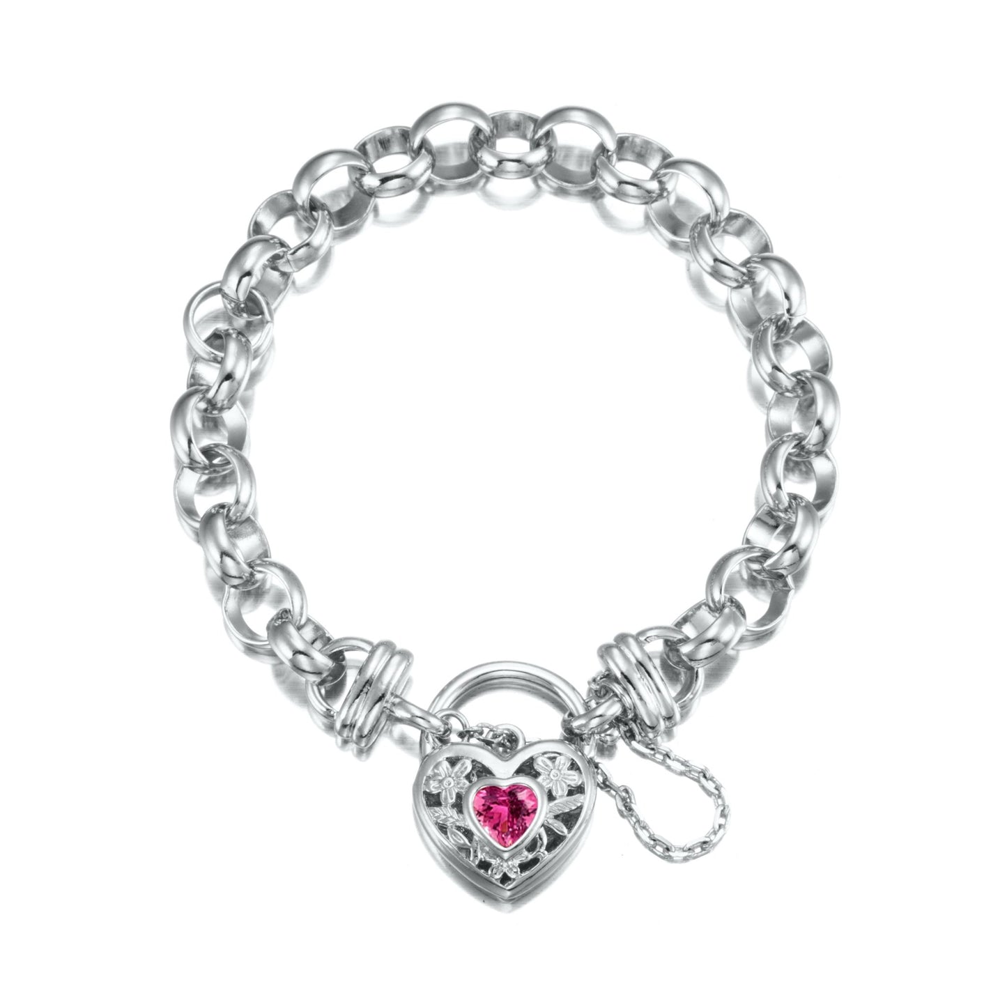 925 Sterling Silver Plated 10mm Belcher Chain Bracelet with a Pink Filigree Locket - USA Made - Brands N More
