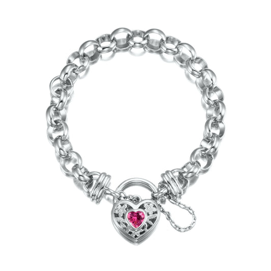 925 Sterling Silver Plated 10mm Belcher Chain Bracelet with a Pink Filigree Locket - USA Made - Brands N More