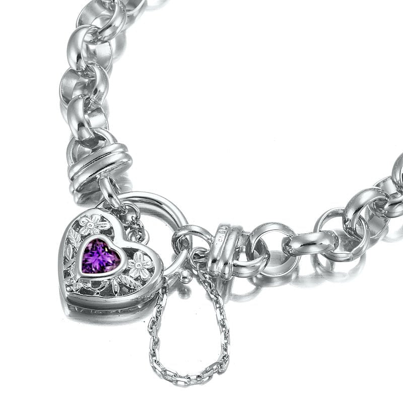 925 Sterling Silver Plated 10mm Belcher Chain Bracelet with a Purple Filigree Locket - USA Made - Brands N More