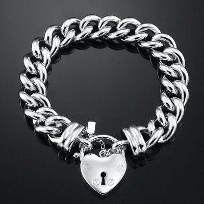 925 Sterling Silver Plated 12mm Euro Curb Chain Bracelet Featuring a Plain Locket - USA Made - Brands N More