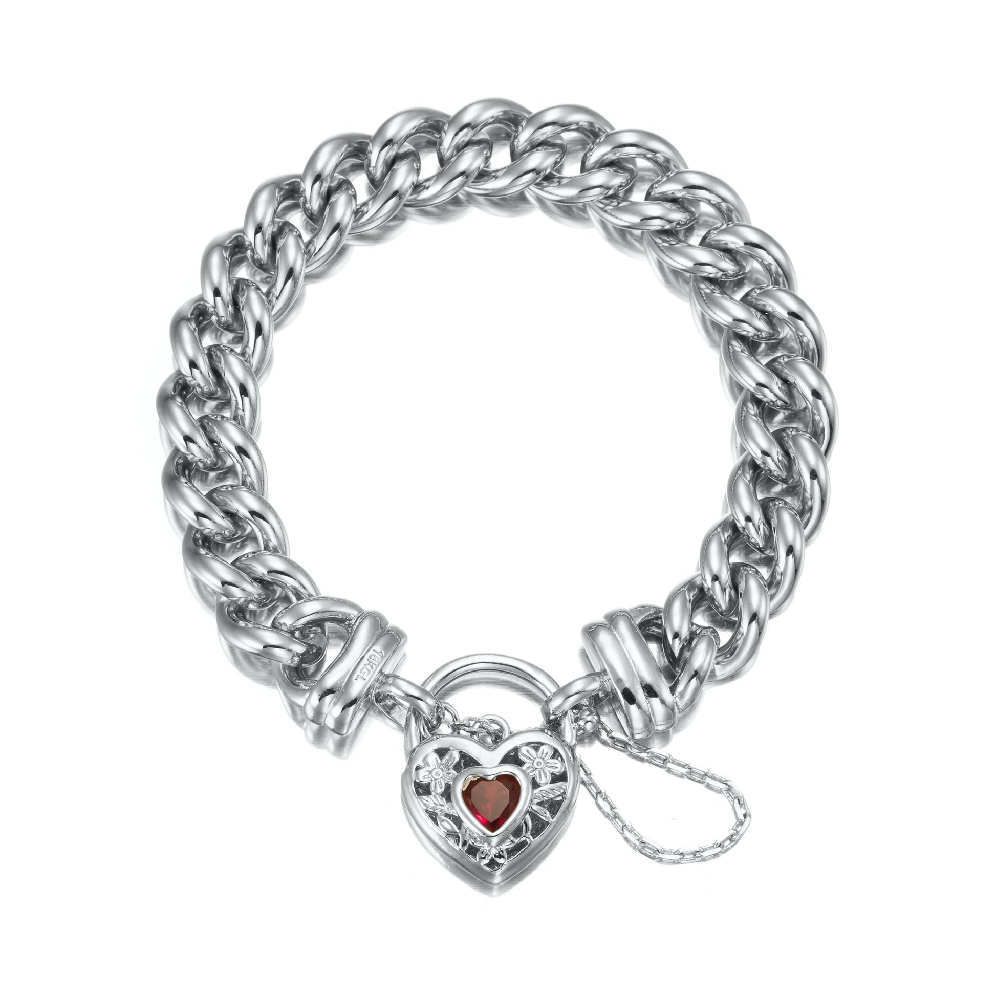 925 Sterling Silver Plated 12mm Euro Curb Chain Bracelet with a Filigree Locket Featuring a Simulated Ruby - USA Made - Brands N More
