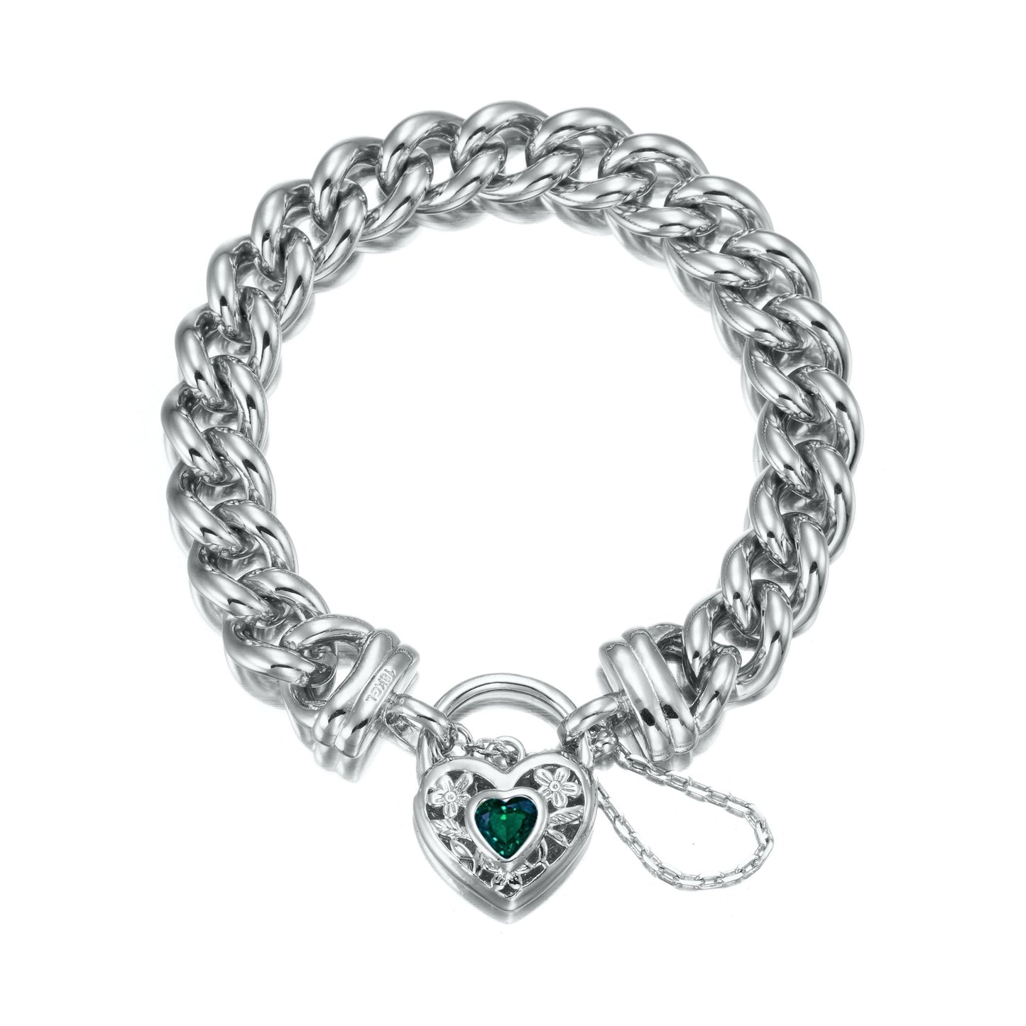925 Sterling Silver Plated 12mm Euro Curb Chain Bracelet with a Green Filigree Locket - USA Made - Brands N More