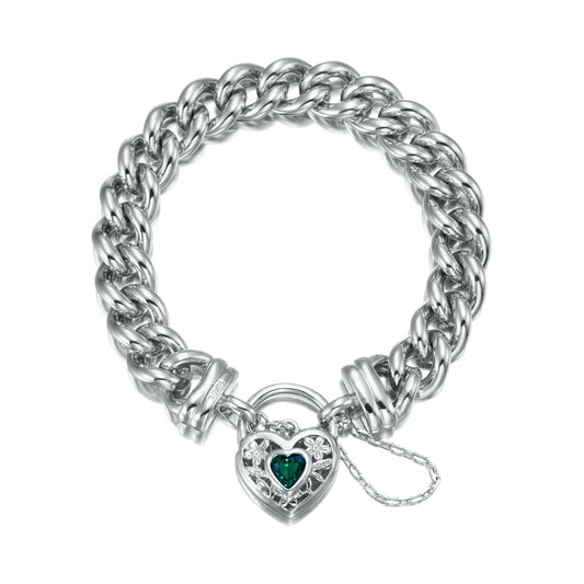 925 Sterling Silver Plated 12mm Euro Curb Chain Bracelet with a Green Filigree Locket - USA Made - Brands N More