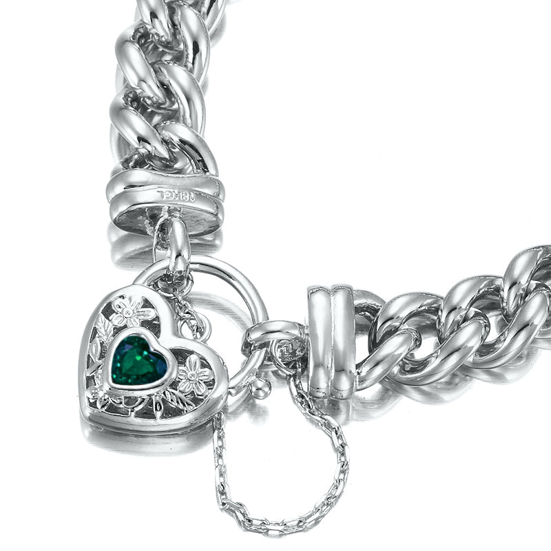 925 Sterling Silver Plated 12mm Euro Curb Chain Bracelet with a Green Filigree Locket - USA Made - Brands N More