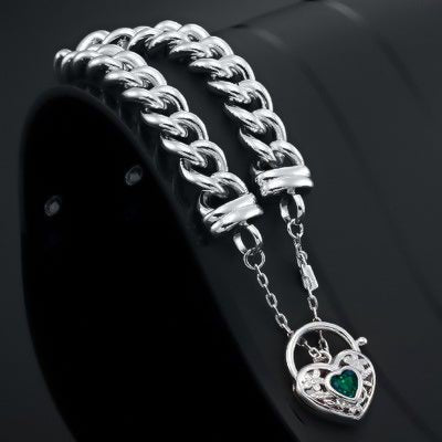 925 Sterling Silver Plated 12mm Euro Curb Chain Bracelet with a Green Filigree Locket - USA Made - Brands N More