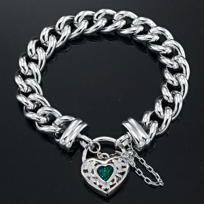 925 Sterling Silver Plated 12mm Euro Curb Chain Bracelet with a Green Filigree Locket - USA Made - Brands N More