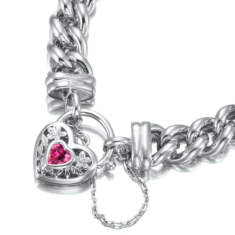 925 Sterling Silver Plated 12mm Euro Curb Chain Bracelet with a Pink Filigree Locket - USA Made - Brands N More