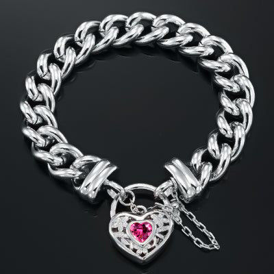 925 Sterling Silver Plated 12mm Euro Curb Chain Bracelet with a Pink Filigree Locket - USA Made - Brands N More