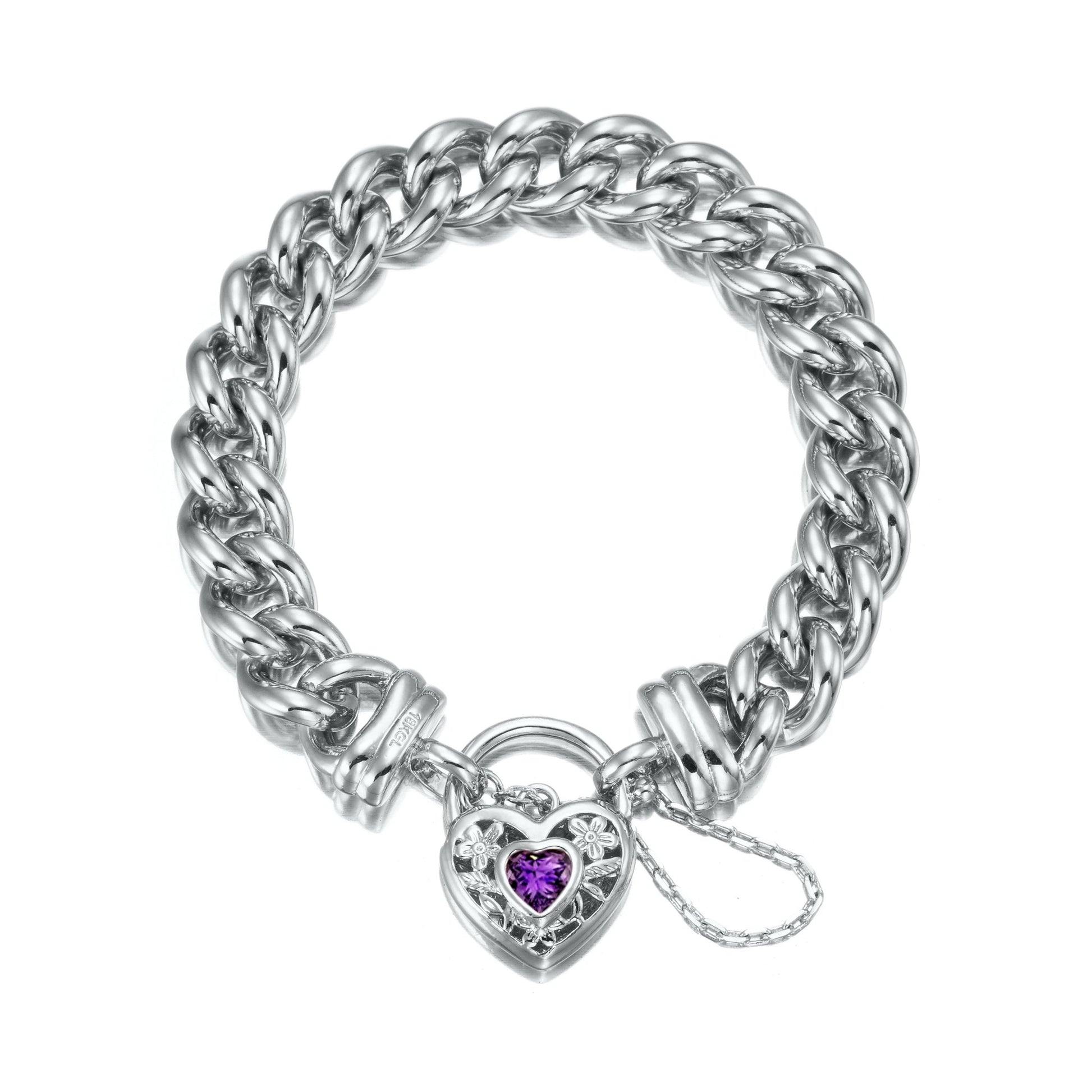 925 Sterling Silver Plated 12mm Euro Curb Chain Bracelet with a Purple Filigree Locket - USA Made - Brands N More