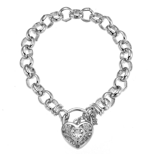 925 Sterling Silver Plated Belcher Chain Bracelet with a Filigree Locket Featuring a Simulated Diamond - USA Made - Brands N More