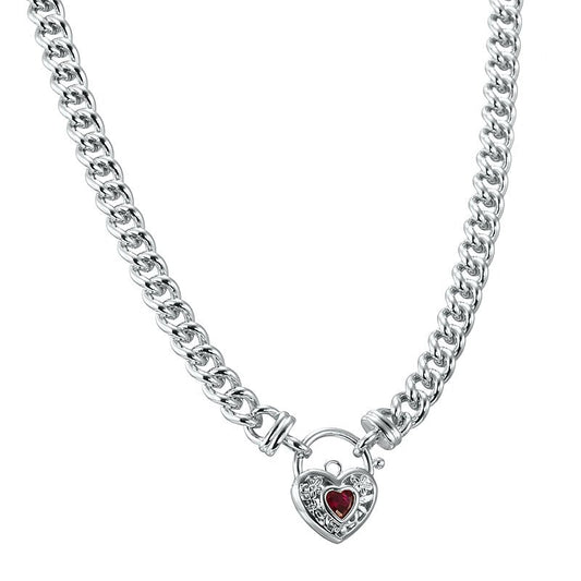 925 Sterling Silver Plated Euro Chain Necklace with a Filigree Locket Featuring a Simulated Ruby - USA Made - Brands N More