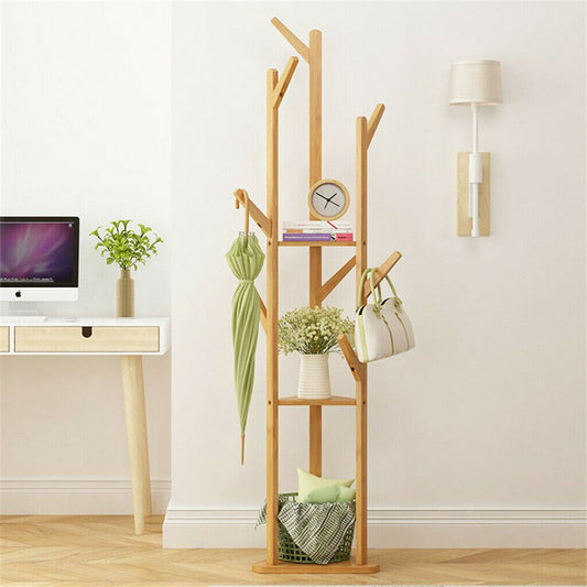 Bamboo Coat Rack Stand with Umbrella Holder - Hanging Storage - Sports & Fitness > Bikes Accessories Bicycle Stands
