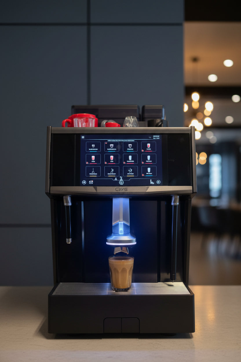 Caye Smart X Modern coffee machine with a digital display on a blurred background