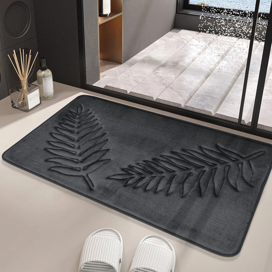 Dark gray coral velvet memory cotton bath mat with fern texture, water absorption