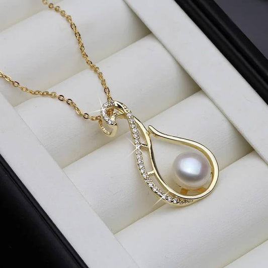 Designer Freshwater Pearl Twirl Simulated Diamond Necklace in Gold - Brands N More