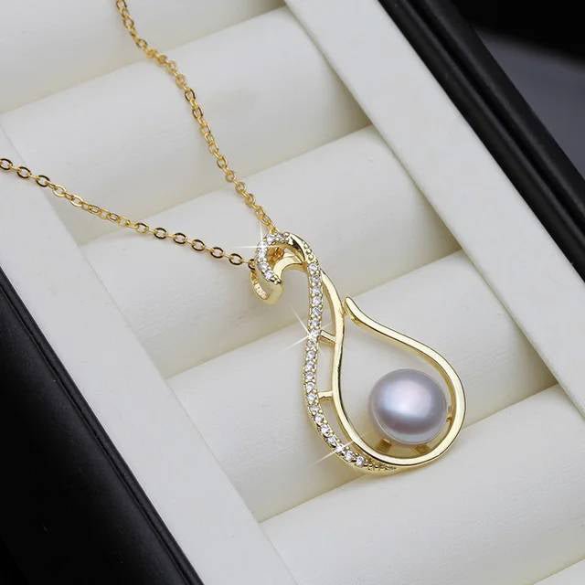 Designer Freshwater Pearl Twirl Simulated Diamond Necklace in Gold - Brands N More