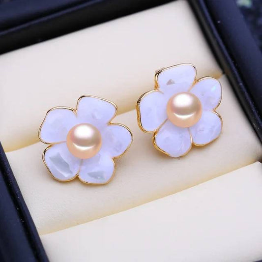 Designer Genuine Freshwater Flower Stud Earrings in Gold - Brands N More