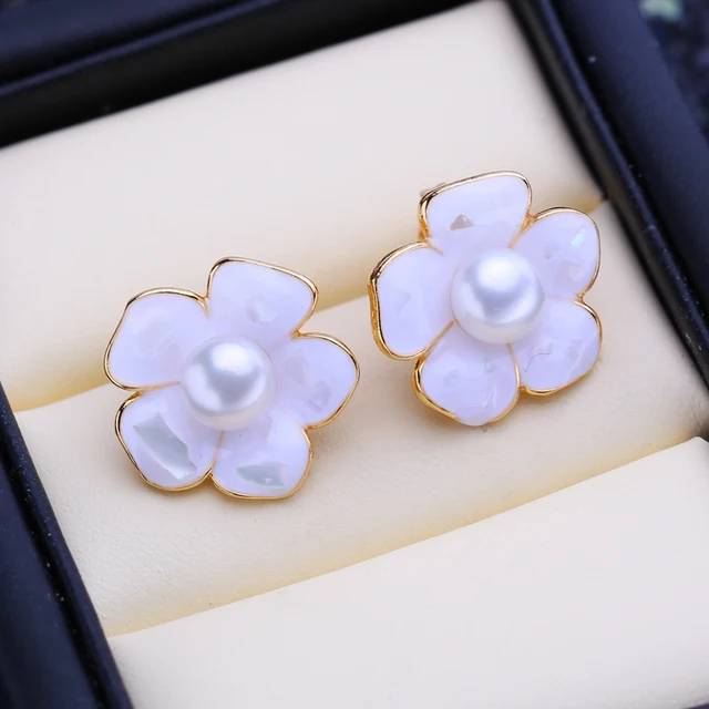 Designer Genuine Freshwater Flower Stud Earrings in Gold - Brands N More