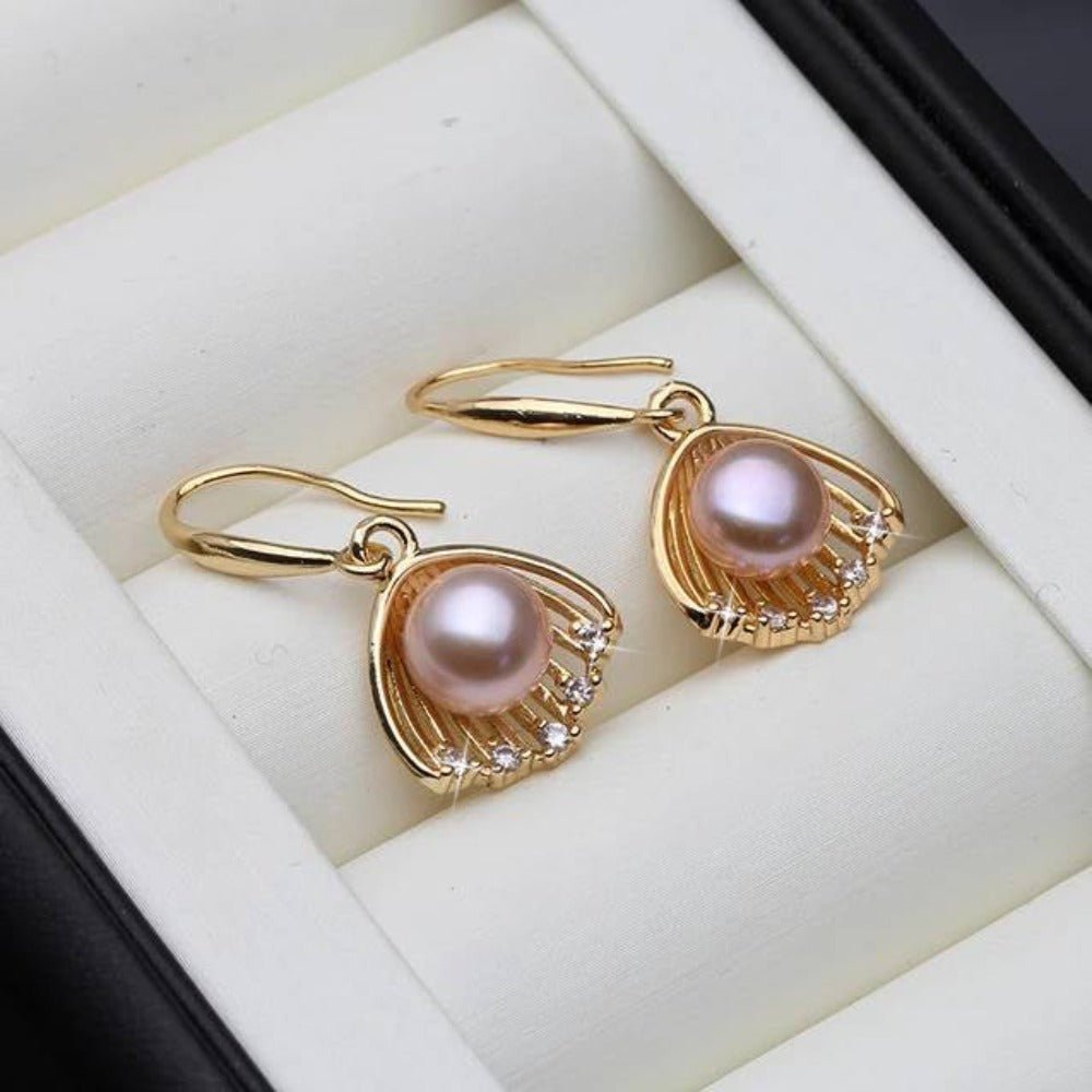 Designer Genuine Freshwater "Pearl in Shell" Dangle Earrings in Gold - Brands N More