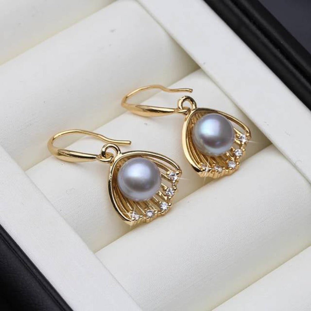Designer Genuine Freshwater "Pearl in Shell" Dangle Earrings in Gold - Brands N More