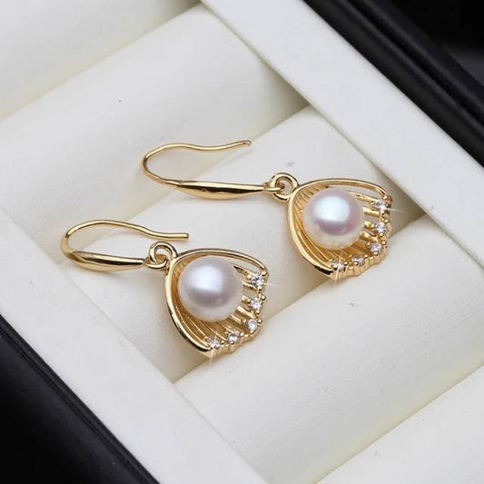 Designer Genuine Freshwater "Pearl in Shell" Dangle Earrings in Gold - Brands N More