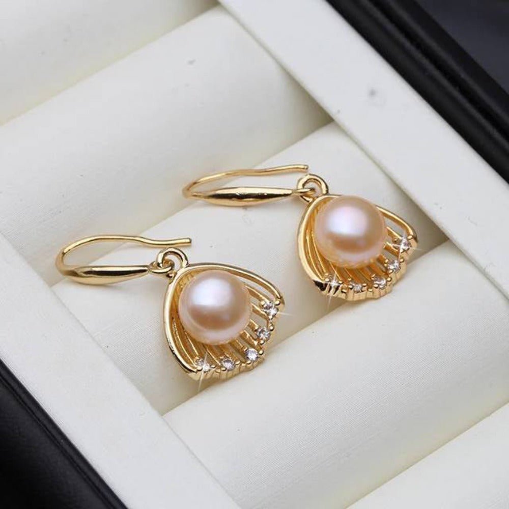Designer Genuine Freshwater "Pearl in Shell" Dangle Earrings in Gold - Brands N More
