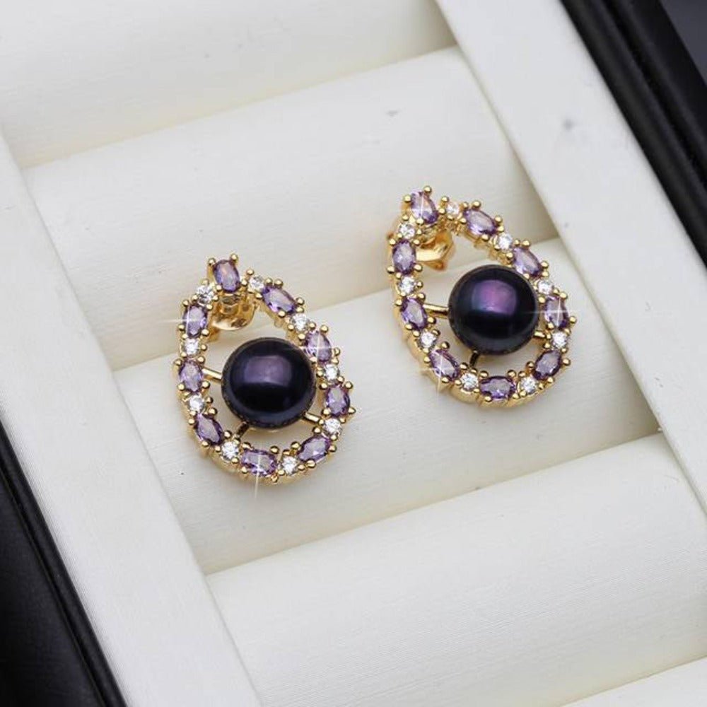 Designer Genuine Freshwater Pearl & Purple Simulated Diamond Stud Oval Earrings - Brands N More